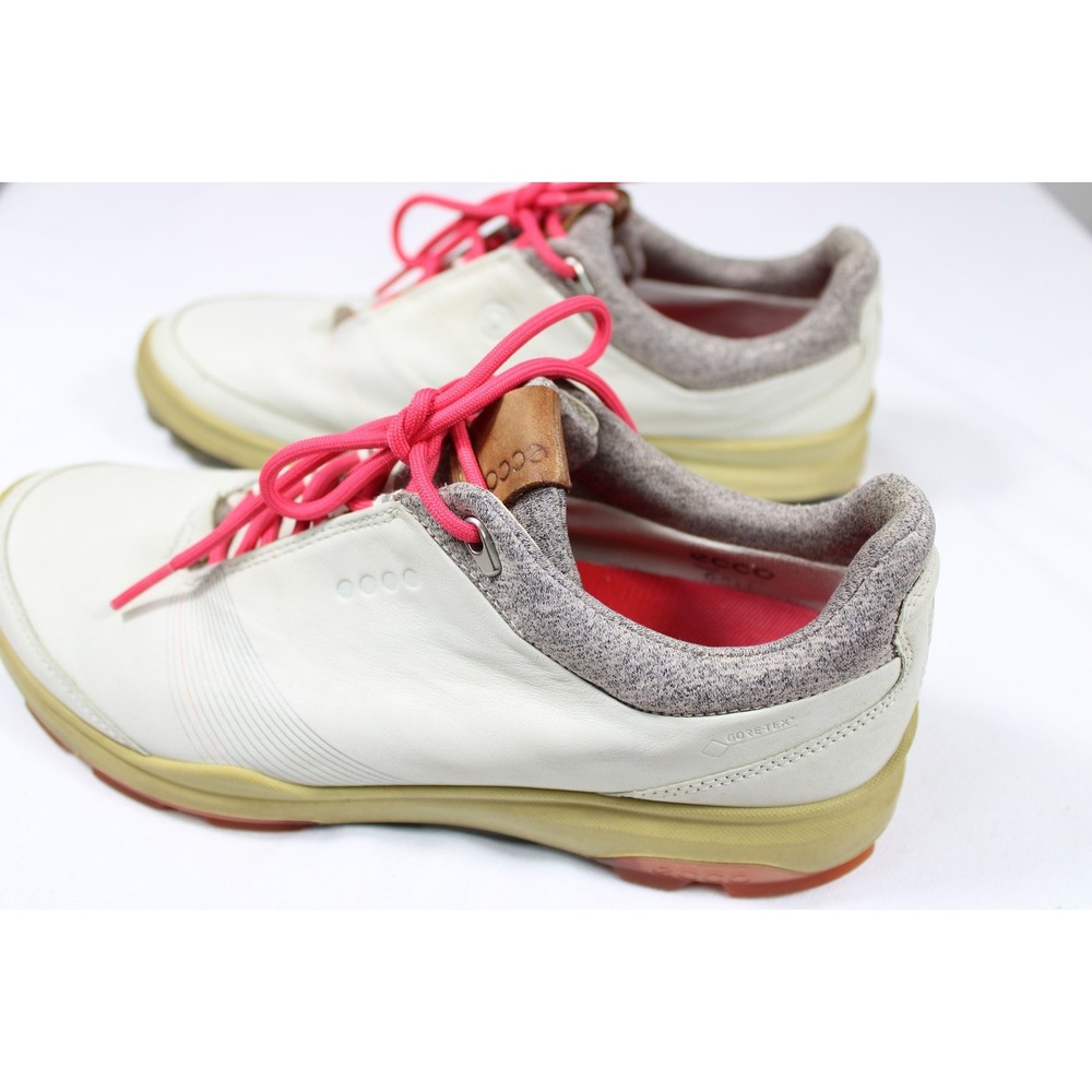 ECCO Golf Shoes Womens 7 Extra Wide White Pink Biom Gore-Tex Waterproof EUC